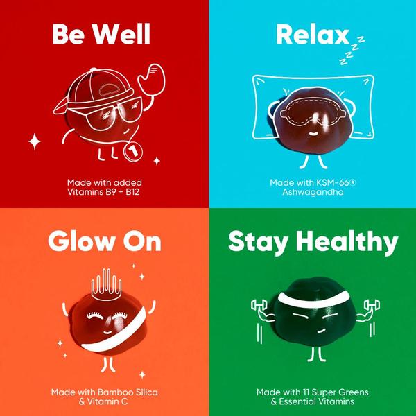 A square 1:1 image using a four-quadrant grid to showcase four different functional benefits of supplement gummies with simple, clean illustrations and text.